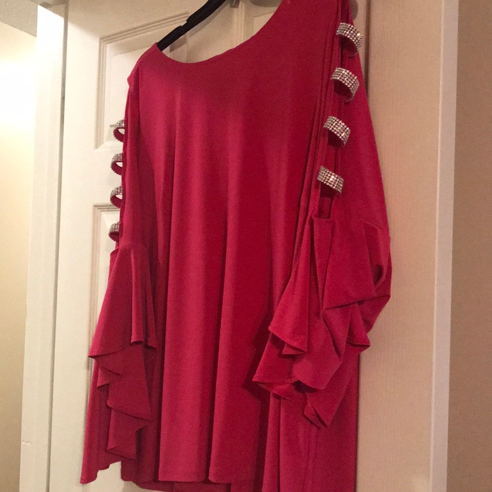 Formal blouse, hot pink, cutout sleeves,rinestones